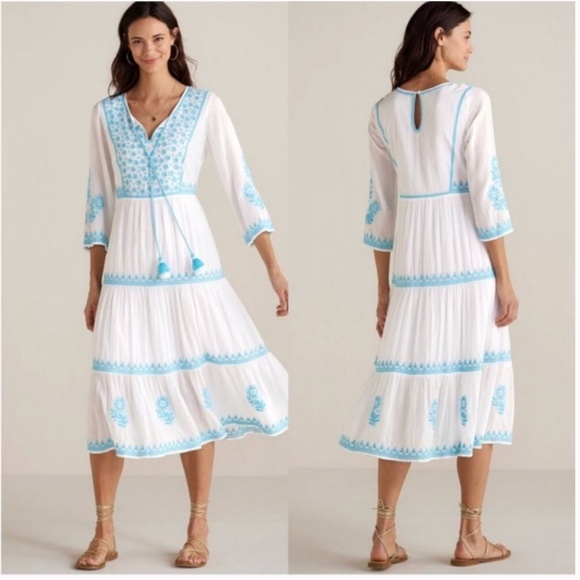 Soft Surroundings Dresses & Skirts - Soft Surroundings Juniper Embroidered Midi Gauze Dress Size Small White Blue